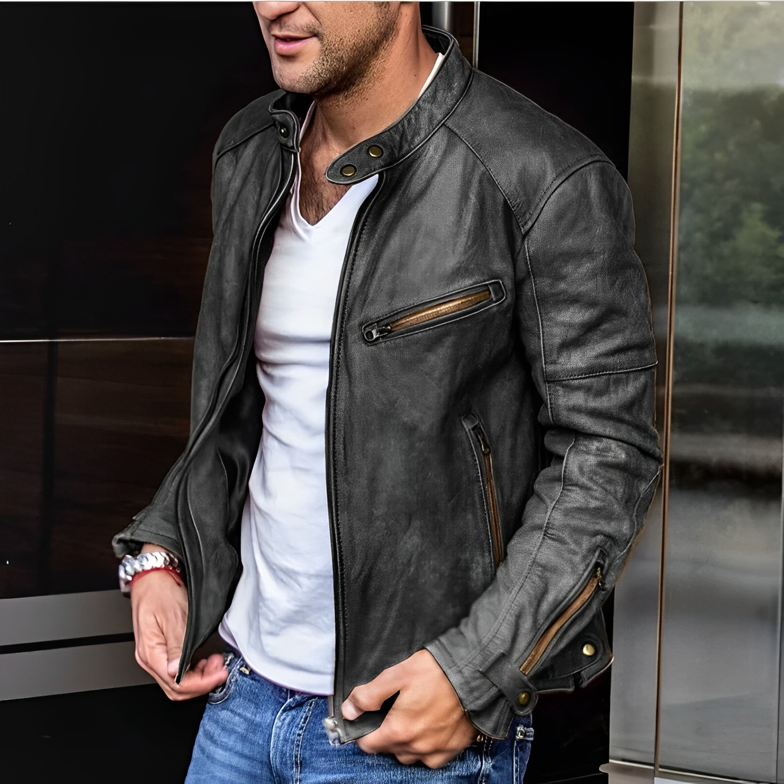 Męska kurtka typu aviator ze stójką, zamkami i kieszeniami