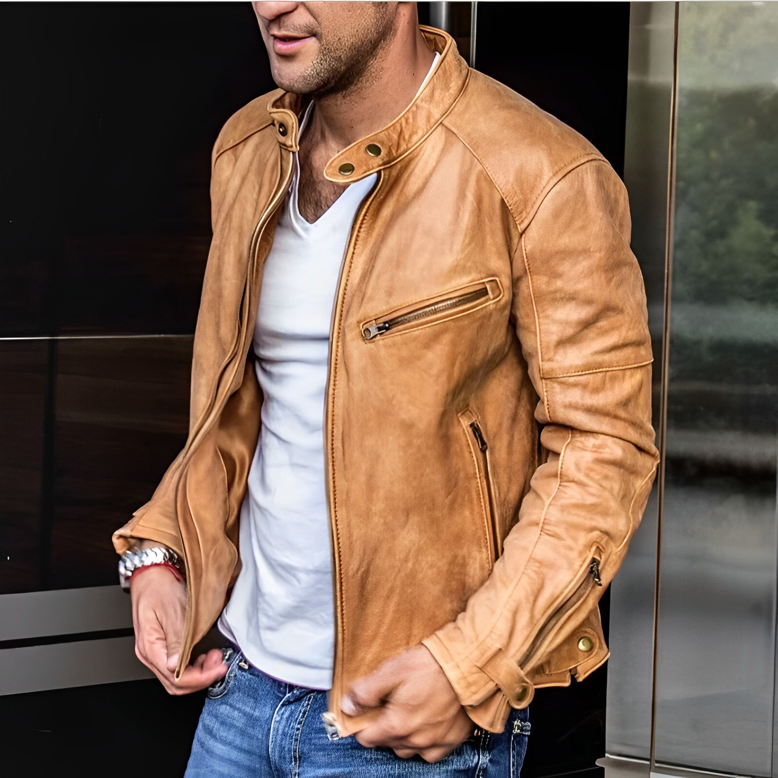 Męska kurtka typu aviator ze stójką, zamkami i kieszeniami