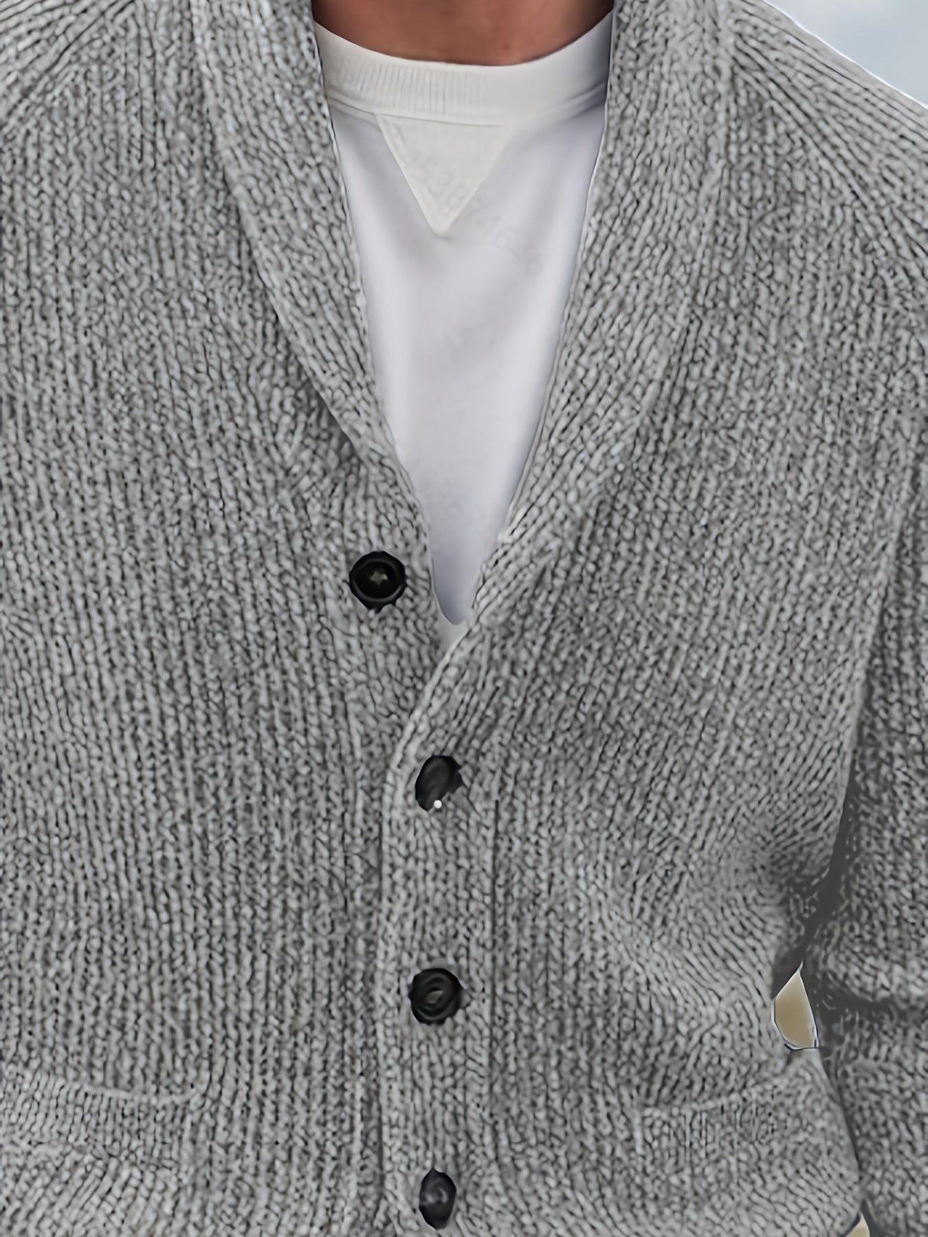 Męski kardigan dzianinowy z kołnierzem szalowym, guzikami i kieszeniami