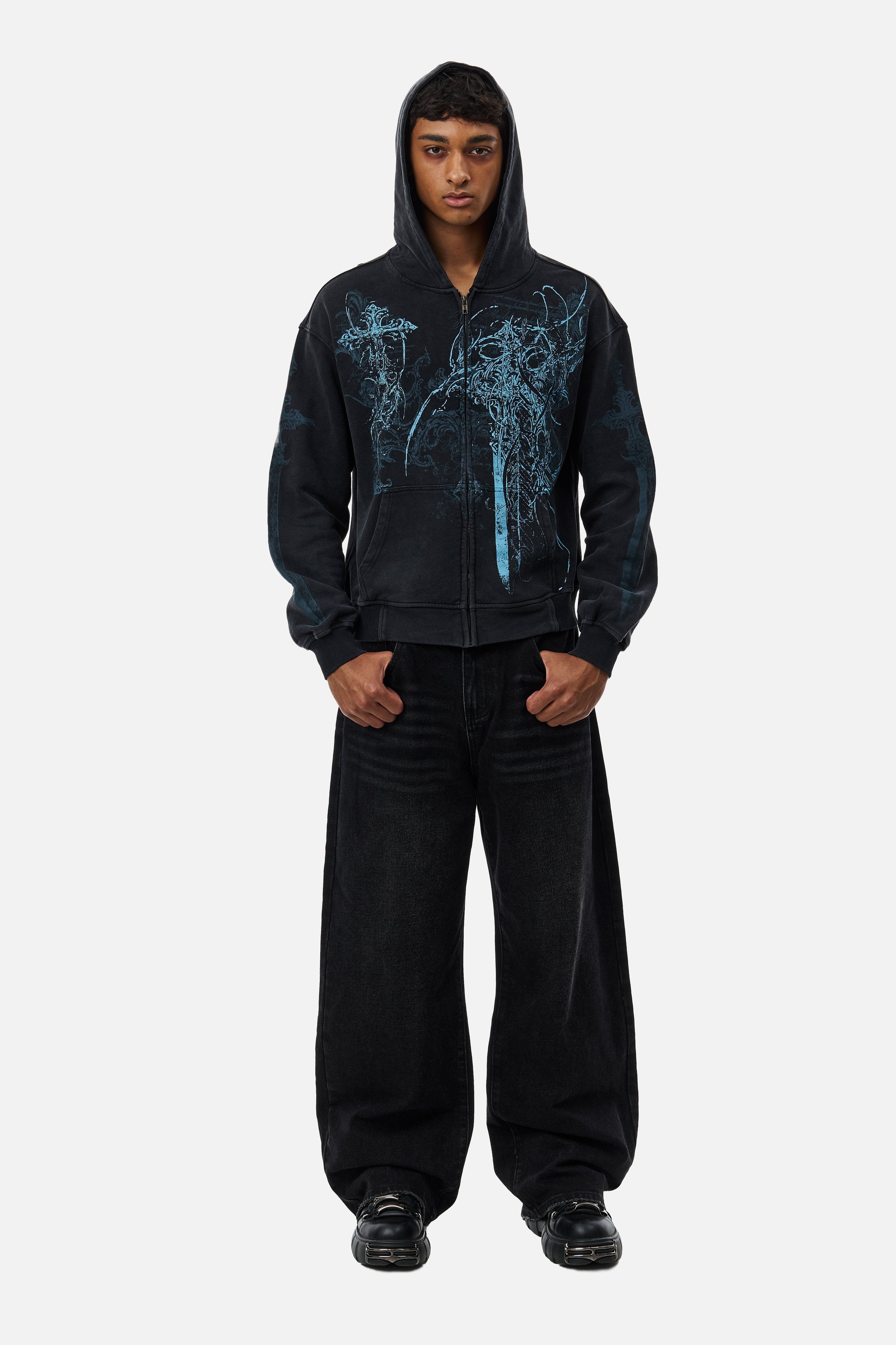 Czarna rozpinana bluza unisex z kapturem i niebieską grafiką