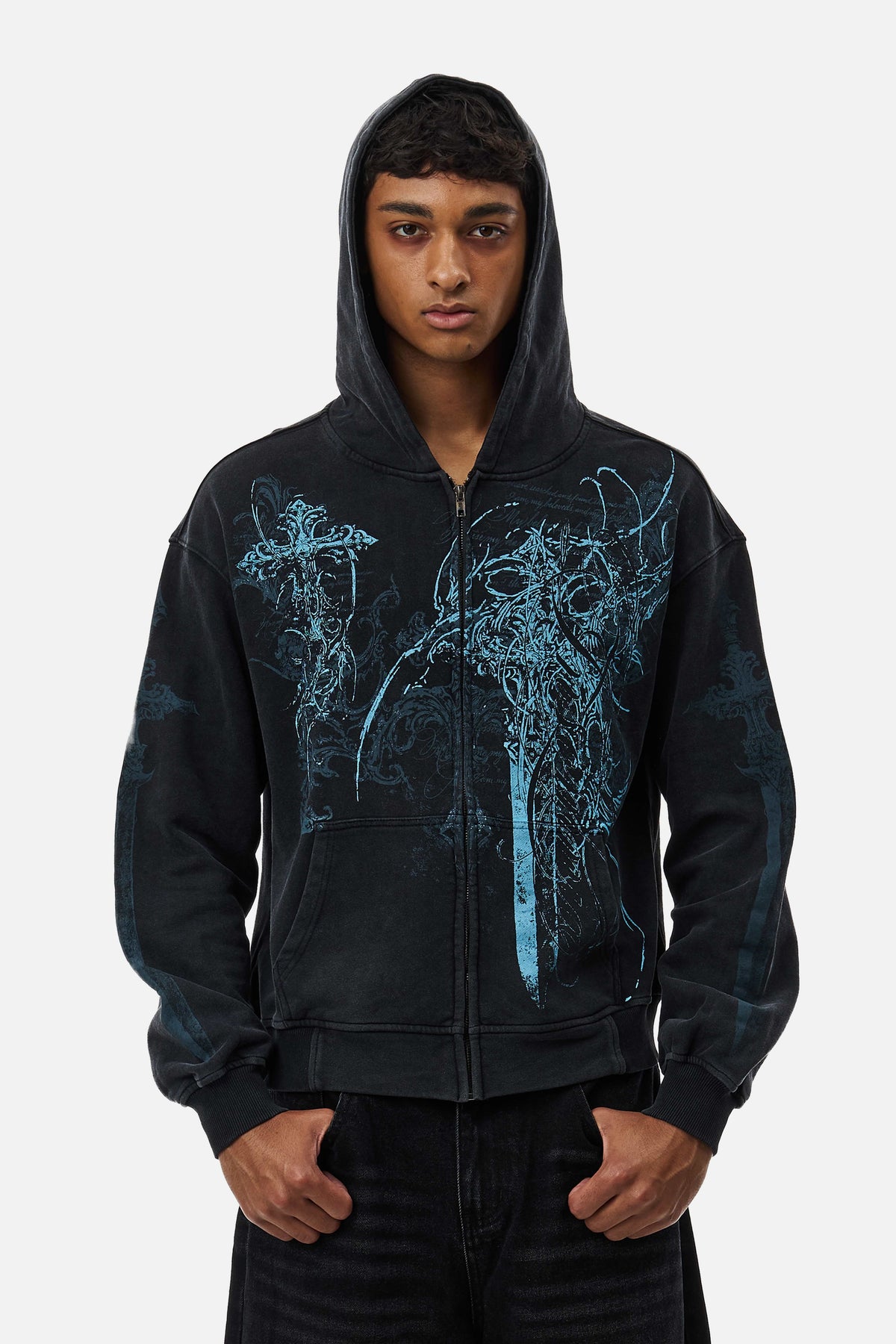 Czarna rozpinana bluza unisex z kapturem i niebieską grafiką