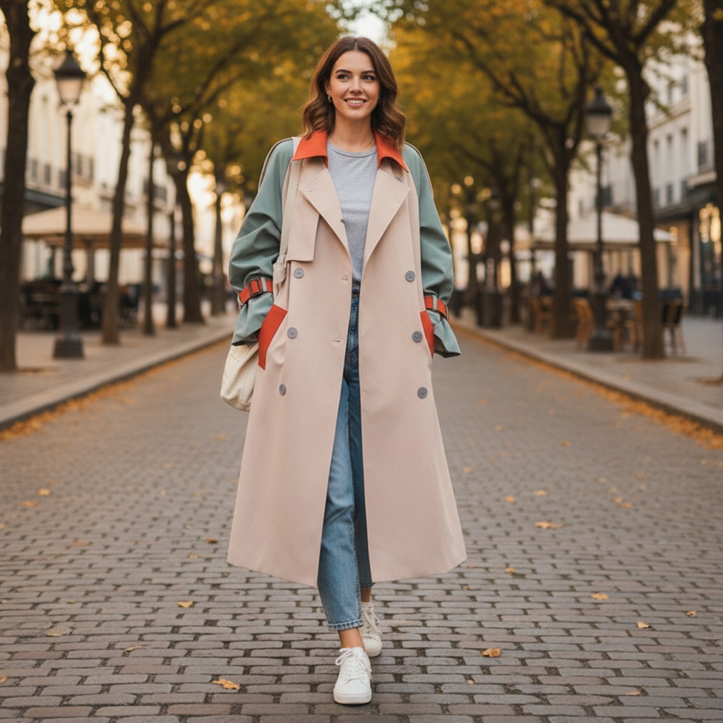 Długi damski płaszcz trench z jasnym korpusem i kontrastowymi panelami