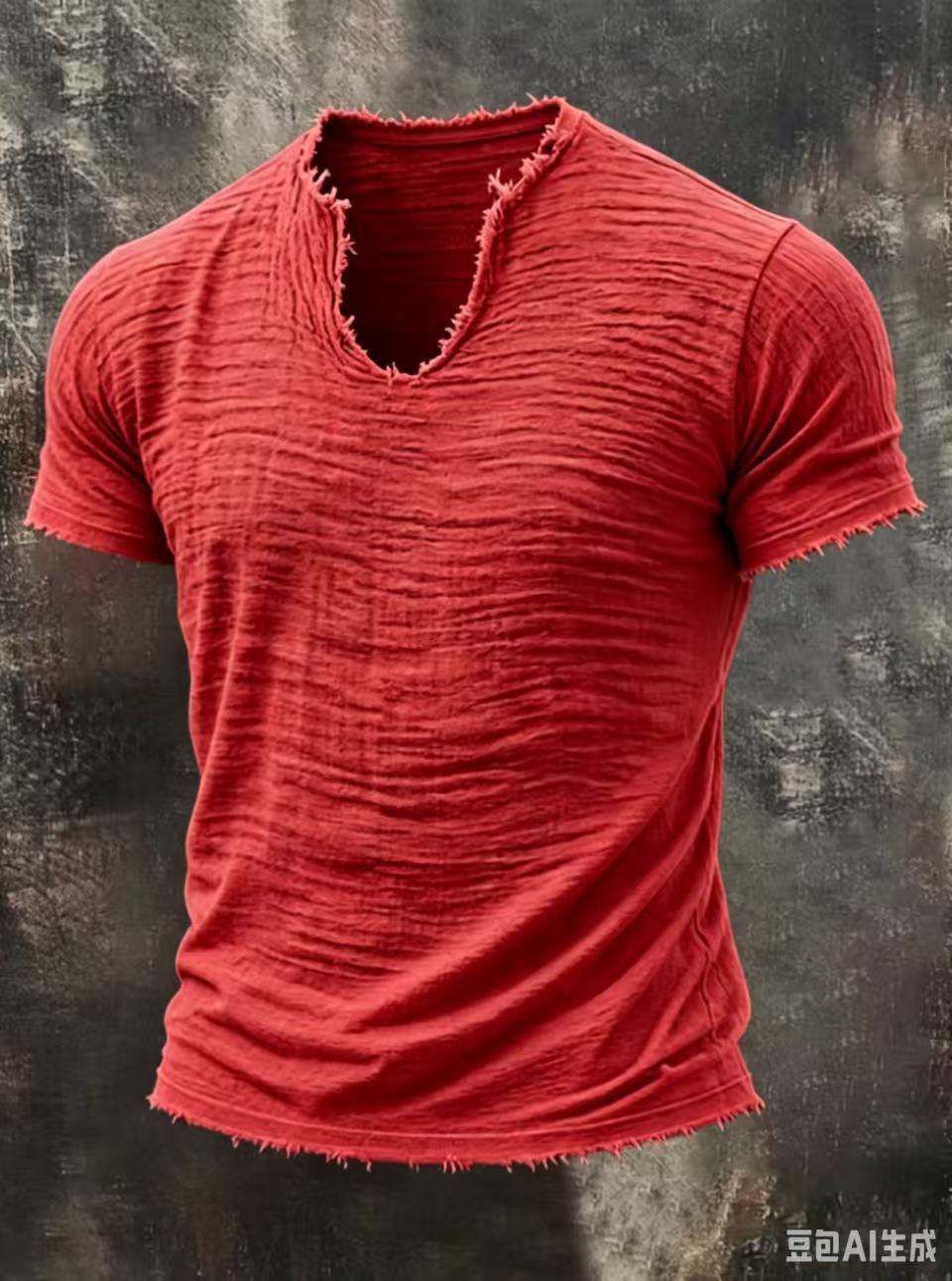 Męski T-shirt z fakturą, dekoltem V i surowym wykończeniem brzegów