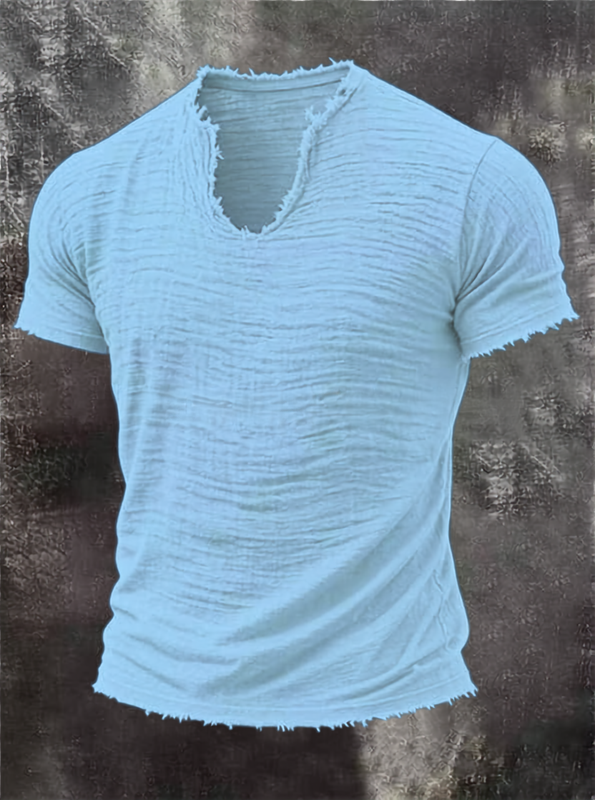 Męski T-shirt z fakturą, dekoltem V i surowym wykończeniem brzegów