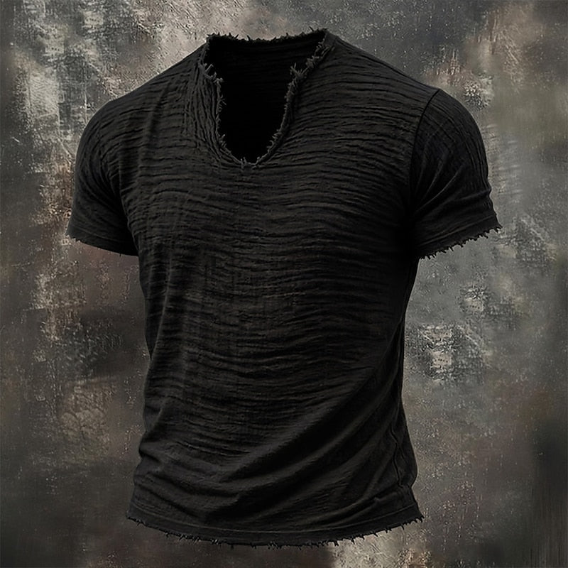 Męski T-shirt z fakturą, dekoltem V i surowym wykończeniem brzegów
