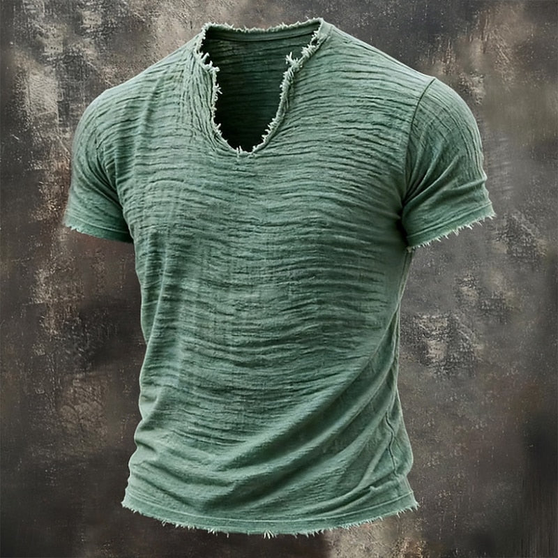 Męski T-shirt z fakturą, dekoltem V i surowym wykończeniem brzegów