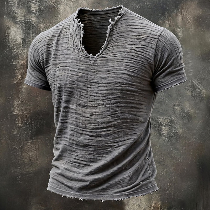 Męski T-shirt z fakturą, dekoltem V i surowym wykończeniem brzegów
