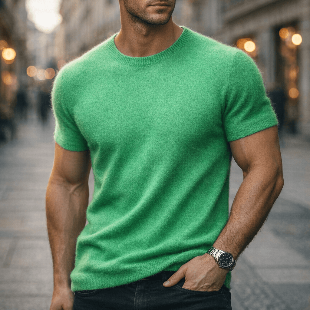 Męski dzianinowy T-shirt z krótkim rękawem i okrągłym dekoltem