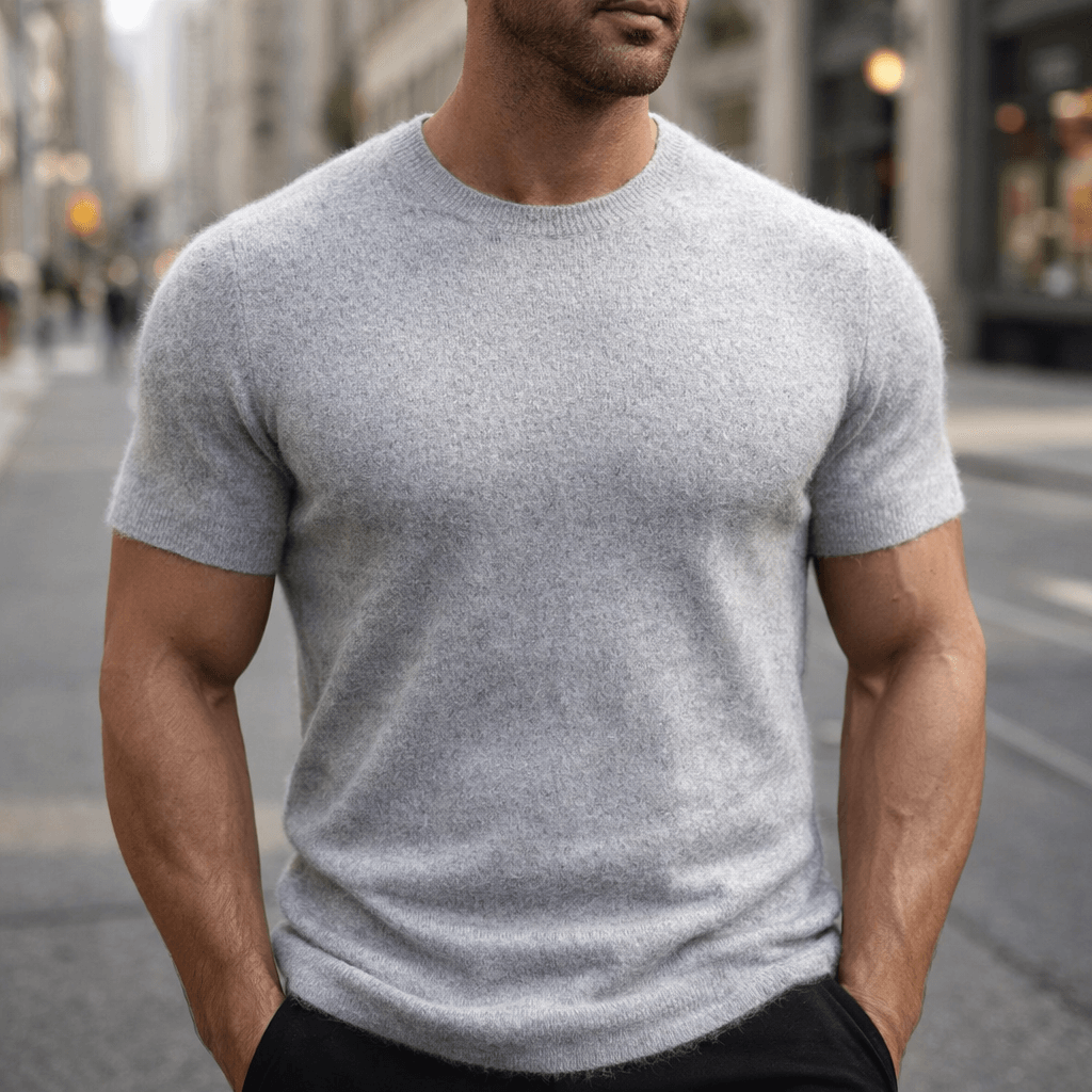 Męski dzianinowy T-shirt z krótkim rękawem i okrągłym dekoltem