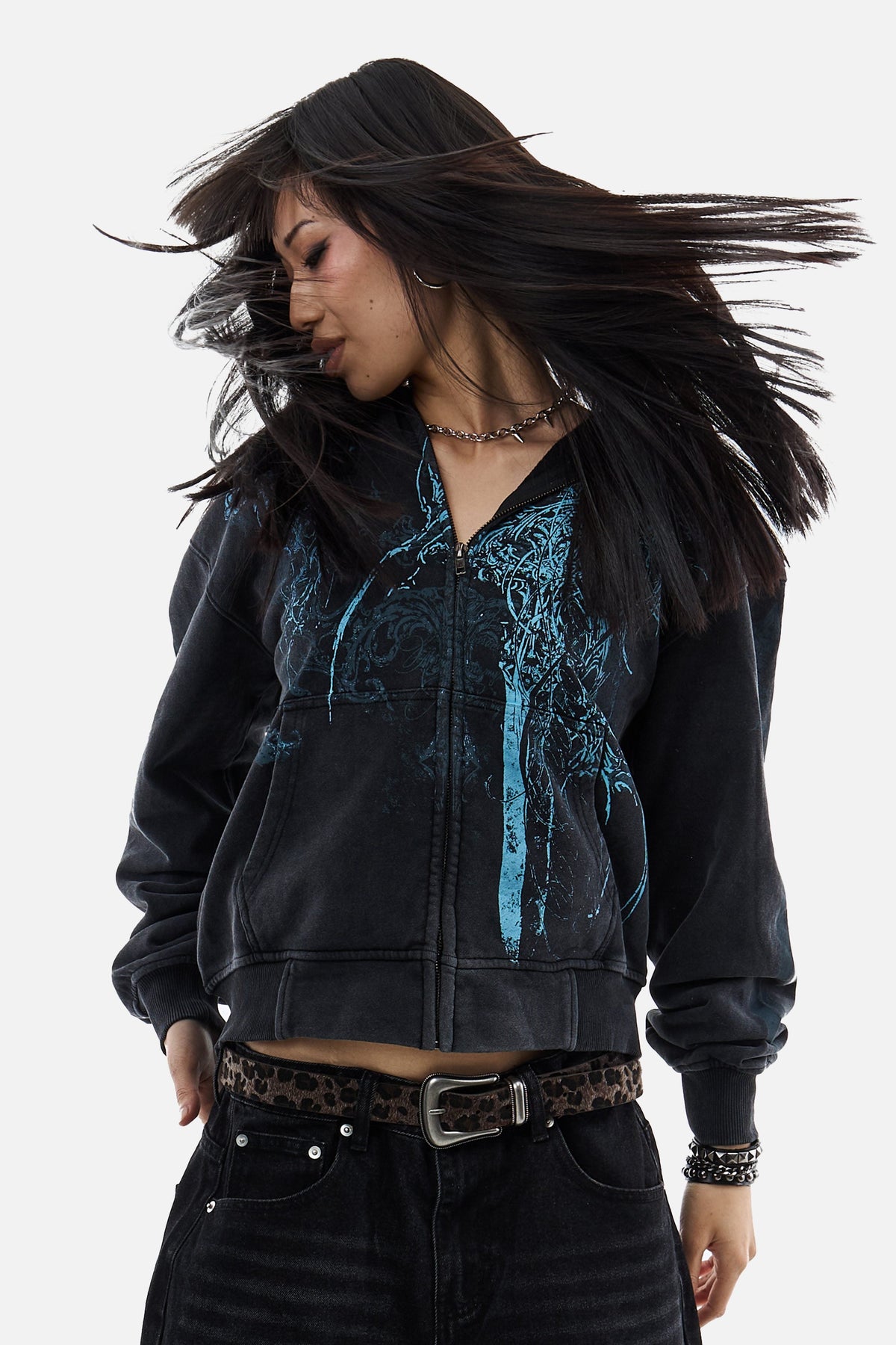 Czarna rozpinana bluza unisex z kapturem i niebieską grafiką