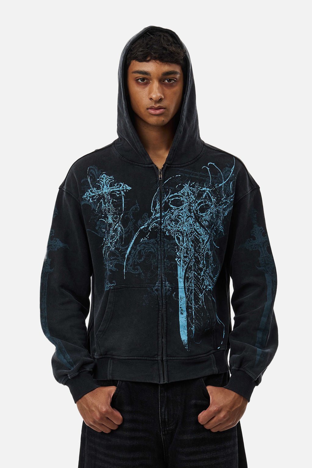 Czarna rozpinana bluza unisex z kapturem i niebieską grafiką