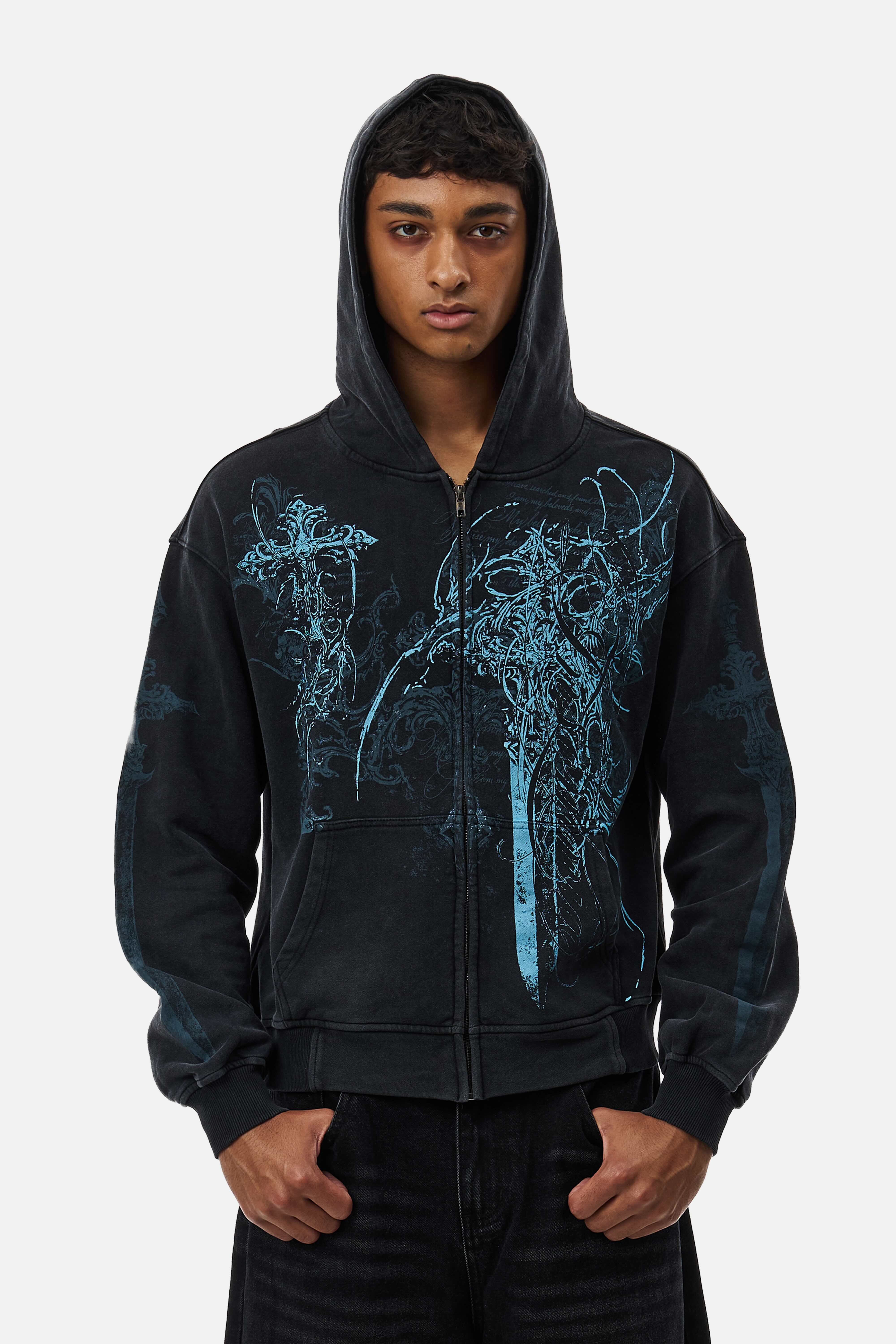 Czarna rozpinana bluza unisex z kapturem i niebieską grafiką