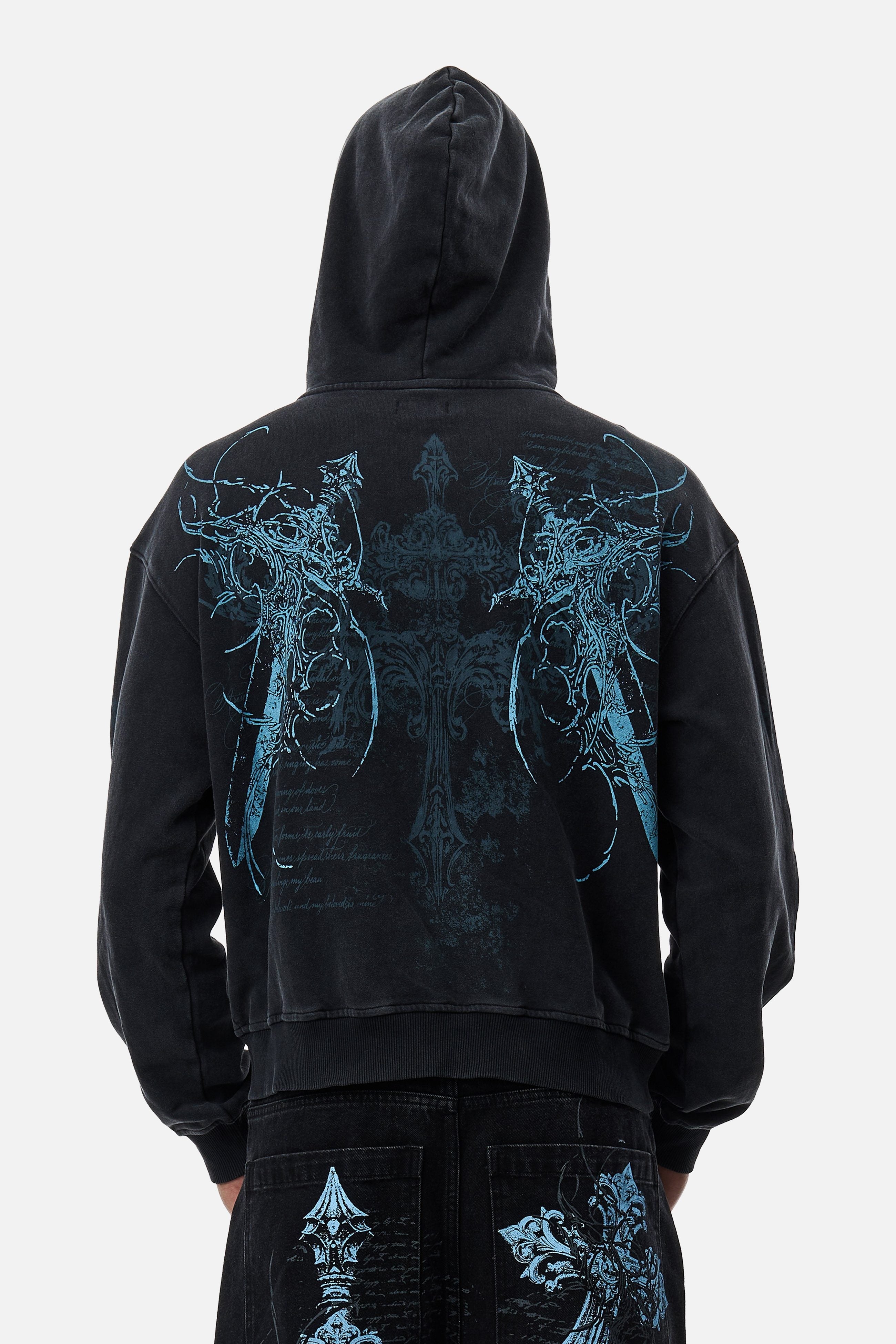 Czarna rozpinana bluza unisex z kapturem i niebieską grafiką