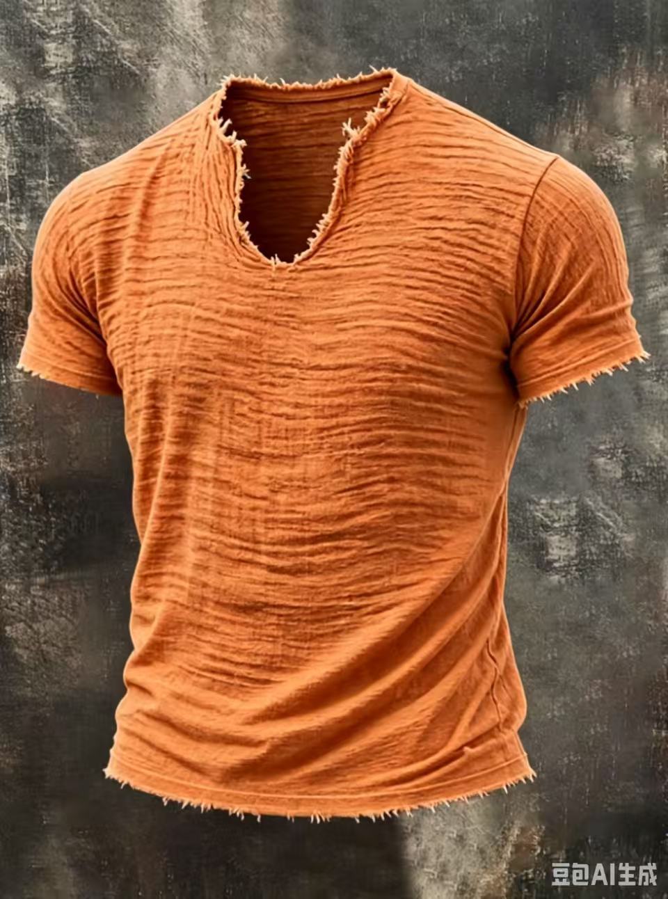 Męski T-shirt z fakturą, dekoltem V i surowym wykończeniem brzegów