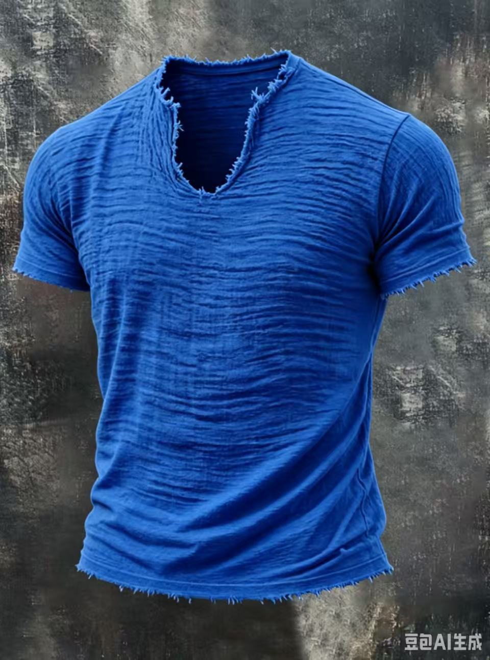 Męski T-shirt z fakturą, dekoltem V i surowym wykończeniem brzegów