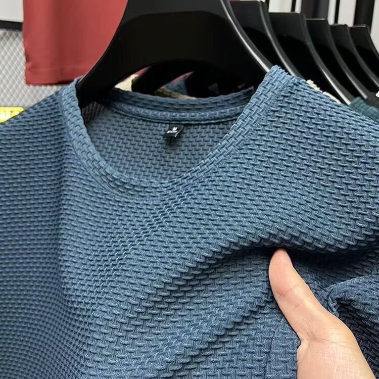 Męski teksturowany T-shirt z okrągłym dekoltem i krótkim rękawem