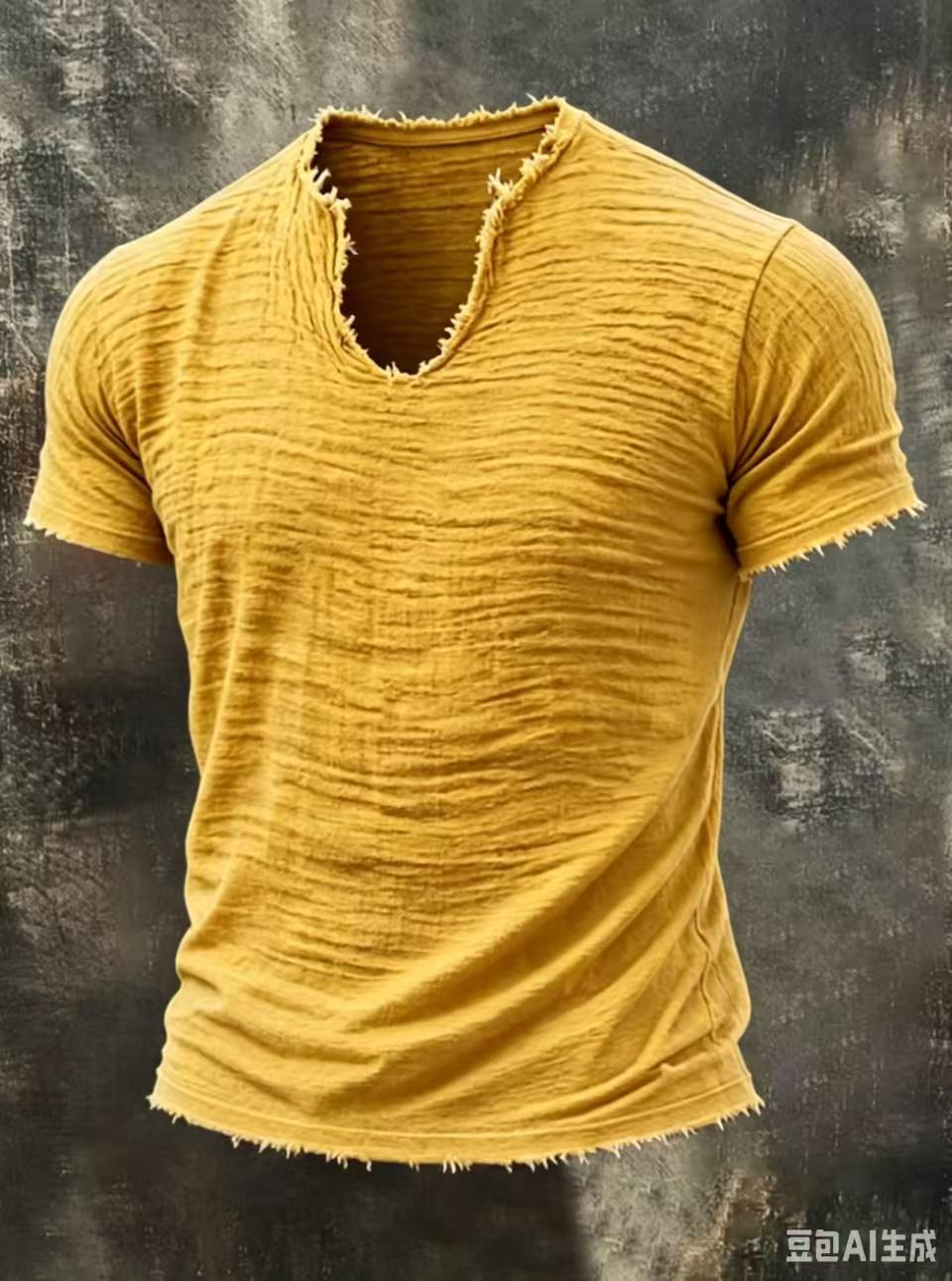 Męski T-shirt z fakturą, dekoltem V i surowym wykończeniem brzegów
