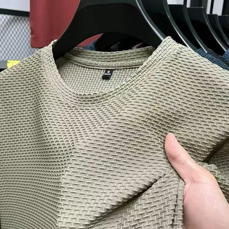 Męski teksturowany T-shirt z okrągłym dekoltem i krótkim rękawem