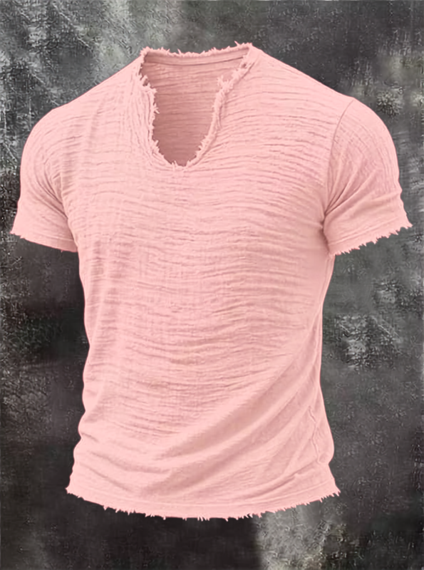 Męski T-shirt z fakturą, dekoltem V i surowym wykończeniem brzegów