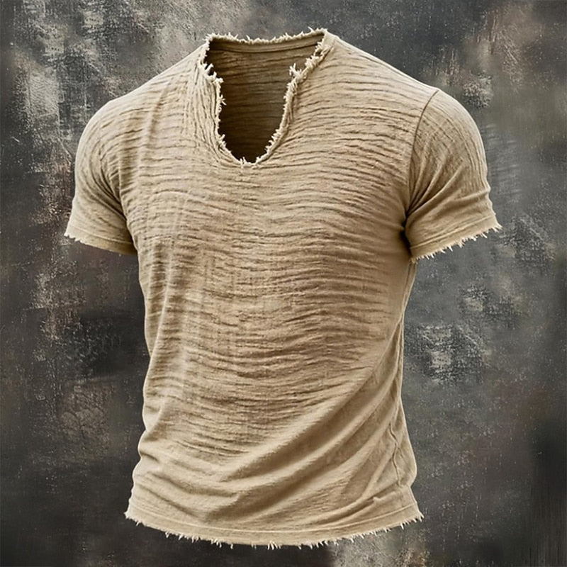 Męski T-shirt z fakturą, dekoltem V i surowym wykończeniem brzegów