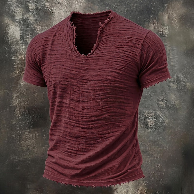 Męski T-shirt z fakturą, dekoltem V i surowym wykończeniem brzegów